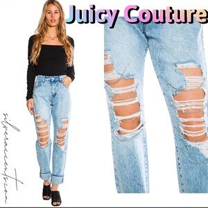 Juicy Couture Straight Jeans 28 Blue Distressed Rhinestone Chain Y2K McBling